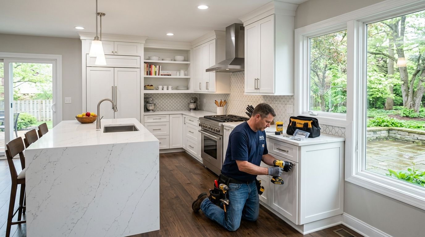 Modern kitchen cabinet hardware installation - Center Grove Indiana home - Nick's Handyman Service, LLC